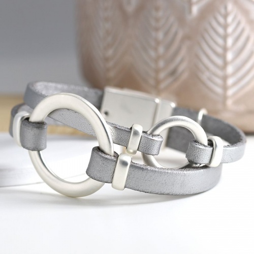 Metallic Grey Leather Double Strand & Silver Hoop Bracelet by Peace of Mind